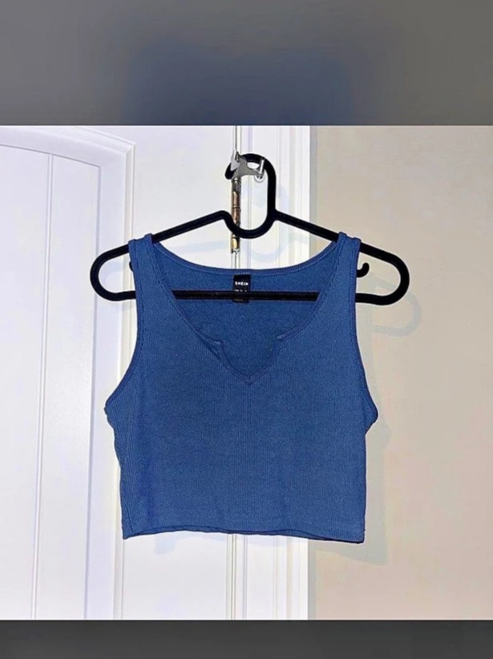 SHEIN Notch Neck Rib-knit Crop Tank Top Blue Medium